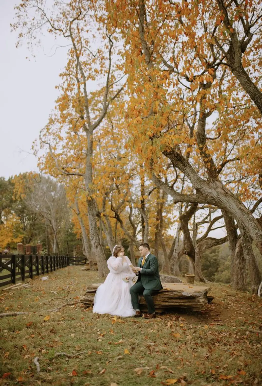 A newlywed couple seated together under fall trees on the estate.